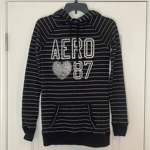 Aeropostale XS Long Black Hoodie Pullover Silver Shimmer Stripes AERO 87